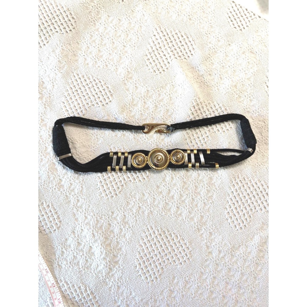 Vintage St. John Style Black Cord Medallion Belt Gold Silver Two Tone Chunky M